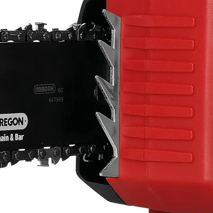 Einhell Professional PXC 18V Akku-Kettensäge GP-LC 36/40 - 36 V, Li-Ionen, Ohne Akku, Schwertlänge: 40 cm - Nahaufnahme einer Kettensäge mit "Oregon"-Kette und rotem Gehäuse.