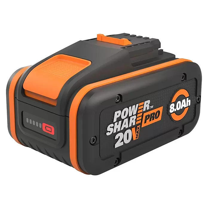 Worx PowerShare 20V Akku Pro WA3648 - 20 V, 8 Ah, Li-Ionen - Dunkelgrau-orangefarbener 20V 8.0Ah PowerShare Pro Akku mit Ladeanzeige.