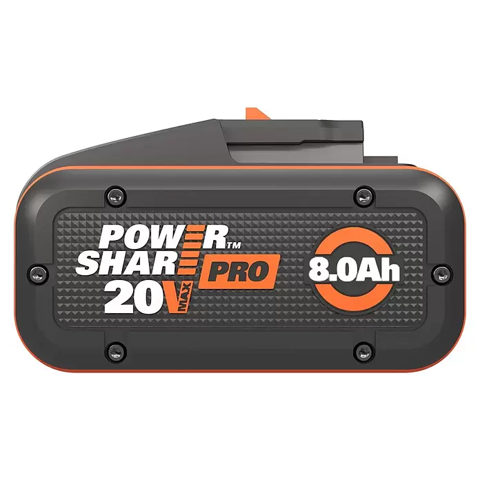 Worx PowerShare 20V Akku Pro WA3648 - 20 V, 8 Ah, Li-Ionen - Dunkelgrauer und oranger POWER SHARE PRO 20V MAX 8.0Ah Akku mit strukturierter Oberfläche und sichtbaren Schrauben.