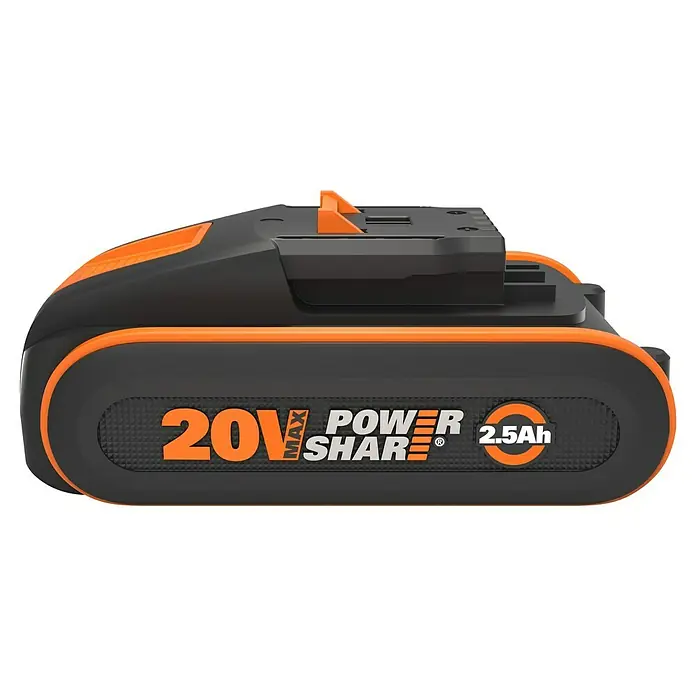 Worx PowerShare 20V Akku WA3640 - 20 V, 2,5 Ah, Li-Ionen - Abbildung eines 20V Max Power Share 2,5Ah Akkus in Schwarz und Orange, geeignet für Worx Werkzeuge.