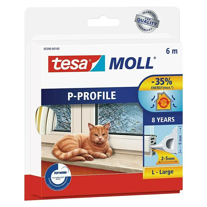 Tesa INSULATION Cinta de sellado - L x An x Al: 6 m x 9 mm x 5,5 mm, Blanco - Embalaje de cinta aislante Tesa Moll P-profile, talla L, longitud 6 m, para ahorrar energía y sellar ventanas y puertas.
