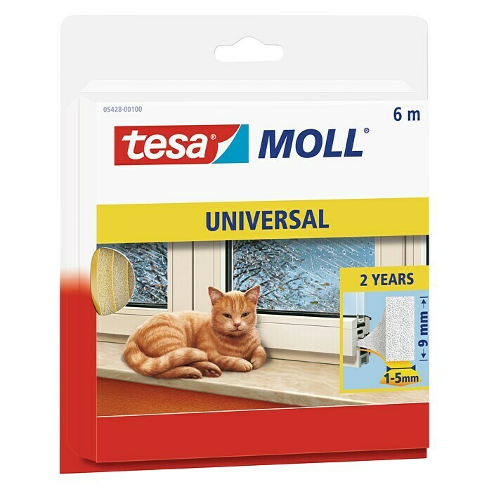 tesa MOLL Schaumstoffdichtung Universal (Weiß, 6 m x 9 mm x 6 mm, Geeignet für: Spaltenbreiten 1 - 5 mm)