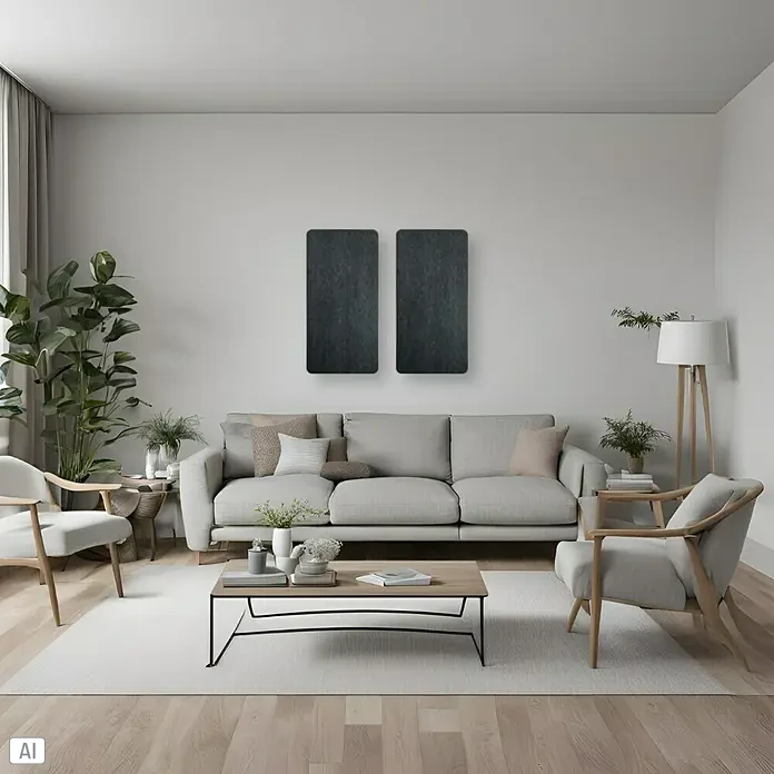 Silenti Akustikpaneel - 2 Stk., Anthrazit, 100 cm x 50 cm x 50 mm - Einrichtungsidee für Wohnzimmer mit grauem Sofa, zwei Sesseln und minimalistischem Couchtisch, betont durch dunkle Wanddekorationen.