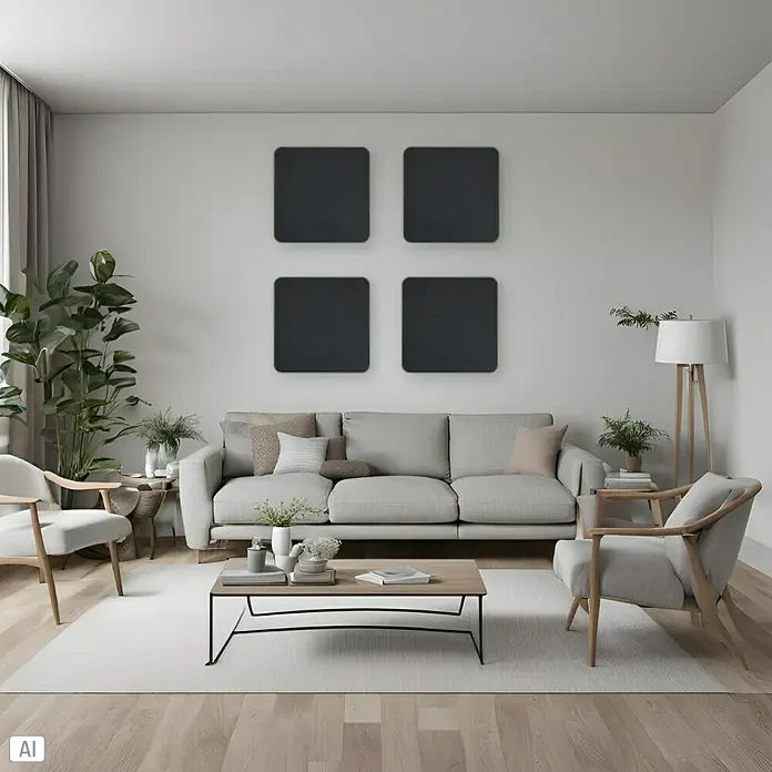 Silenti Akustikpaneel - 4 Stk., Anthrazit, 50 cm x 50 cm x 50 mm - Ein helles Wohnzimmer mit einem grauen Sofa, Sesseln, einem Couchtisch und vier quadratischen, dunklen Wandpaneelen.