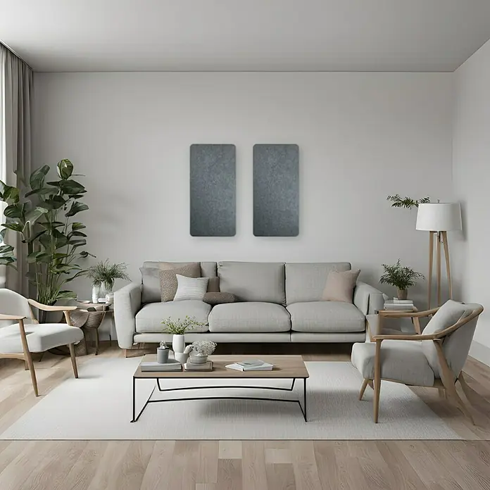 Silenti Akustikpaneel - 2 Stk., Hellgrau, 100 cm x 50 cm x 50 mm - Das Wohnzimmer ist mit einem Sofa, Sesseln und einem Couchtisch modern eingerichtet. Die zwei grauen Wandbilder runden das Design ab.