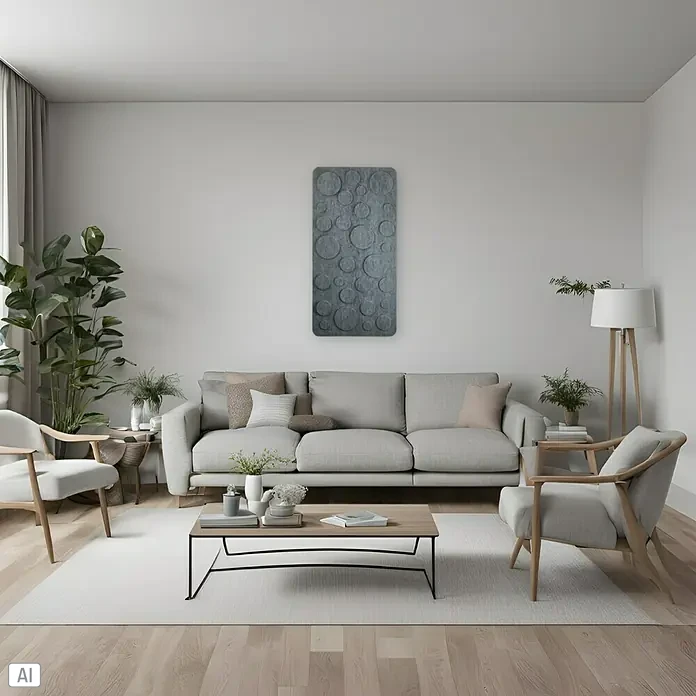 Silenti Akustikpaneel Bubble Game - Grau, 58 x 116 cm, 100 % Polyester - Helle Wohnungseinrichtung mit einem grauen Sofa, zwei Stühlen und einem Holztisch. An der Wand hängt ein graues kreisförmiges Wandpaneel.