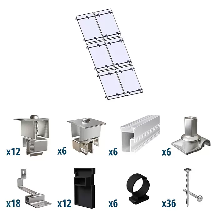 Solavento Befestigungs-Set Typ 2 - Passend für: 6 Solarmodule (2x3), Geeignet für: Schrägdach - Solarmontage-Kit mit sechs Panels, Metallklemmen, Schienen, Dachhaken und Schrauben.