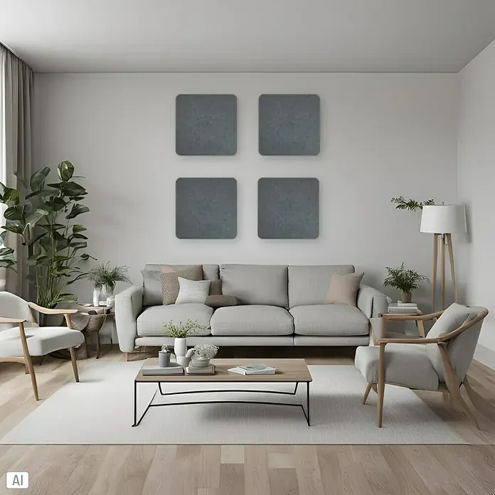 Silenti Akustikpaneel - 4 Stk., Hellgrau, 50 cm x 50 cm x 50 mm - Das Wohnzimmer verfügt über eine graue Couch, einen Couchtisch und vier quadratische Wandpaneele für ein modernes Ambiente.