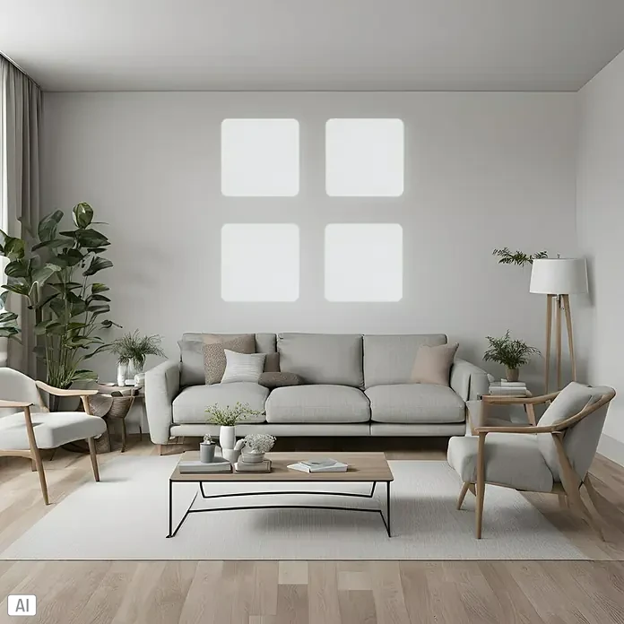 Silenti Akustikpaneel - 4 Stk., Weiß, 58 cm x 58 cm x 50 mm - Wohnzimmer mit einem grauen Sofa, zwei Sesseln, einem Teppich und vier weißen, quadratischen Wandleuchten.