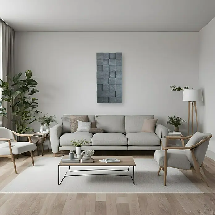 Silenti Akustikpaneel CubeLevel - Hellgrau, 116 cm x 58 cm x 80 mm, 100 % Polyester - Wohnzimmer mit einem grauen Sofa, einem Couchtisch und einer grauen 3D-Wandkunst, die eine moderne Note verleiht.