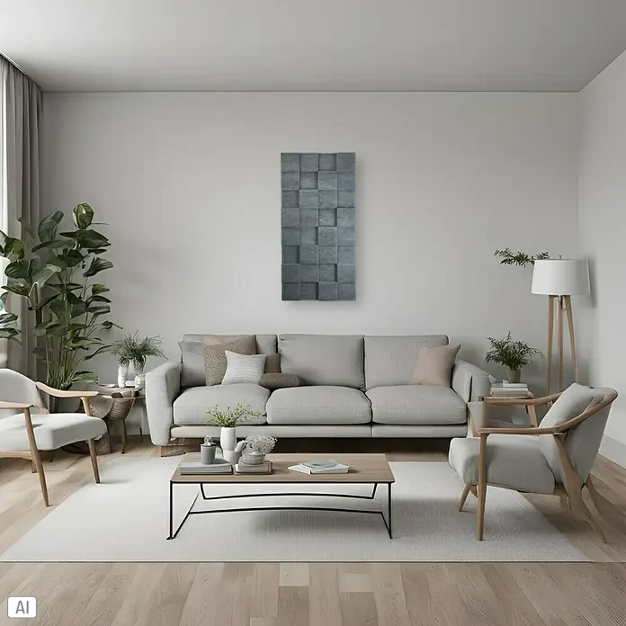Silenti Akustikpaneel CubeLevel - Hellgrau, 116 cm x 58 cm x 80 mm, 100 % Polyester - Wohnzimmer mit einem grauen Sofa, einem Couchtisch und einer grauen 3D-Wandkunst, die eine moderne Note verleiht.