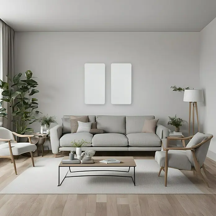 Silenti Akustikpaneel - 2 Stk., Weiß, 100 cm x 50 cm x 50 mm - Wohnzimmer mit grauer Couch, zwei Sesseln, Holztisch, Teppich und Wanddekoration. Eine stilvolle und gemütliche Einrichtung für Ihr Zuhause.