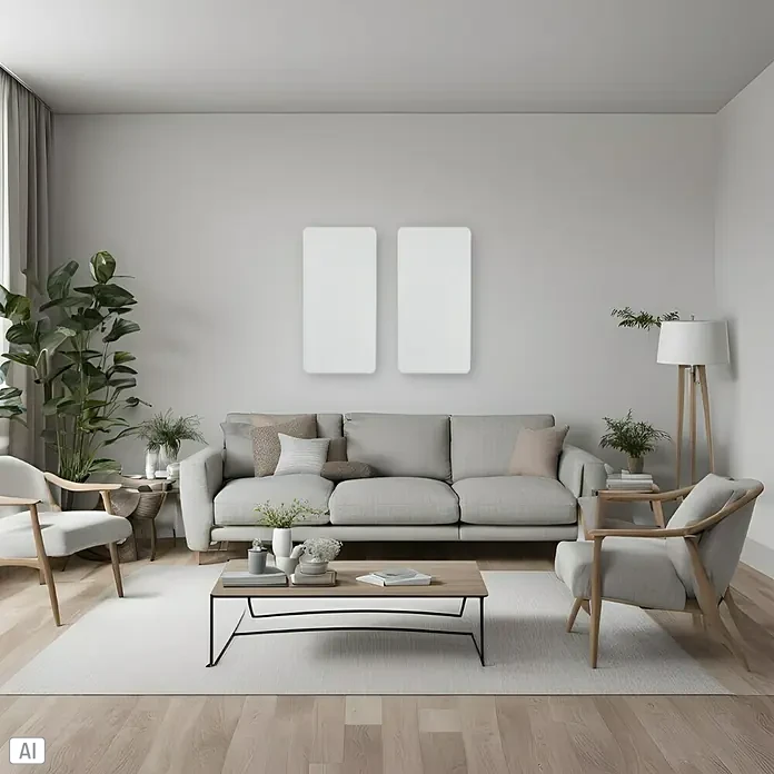 Silenti Akustikpaneel - 2 Stk., Weiß, 100 cm x 50 cm x 50 mm - Wohnzimmer mit grauer Couch, zwei Sesseln, Holztisch, Teppich und Wanddekoration. Eine stilvolle und gemütliche Einrichtung für Ihr Zuhause.