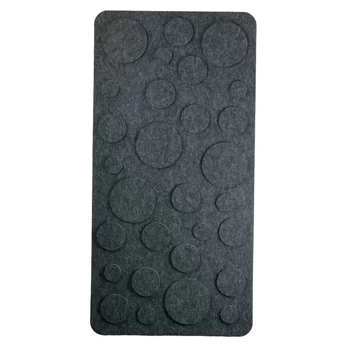 Silenti Akustikpaneel Bubble Game - Anthrazit, 58 x 116 cm, 100 % Polyester - Rechteckige dunkelgraue Filz-Akustikplatte mit abgerundeten Ecken und kreisförmigen Filzapplikationen.