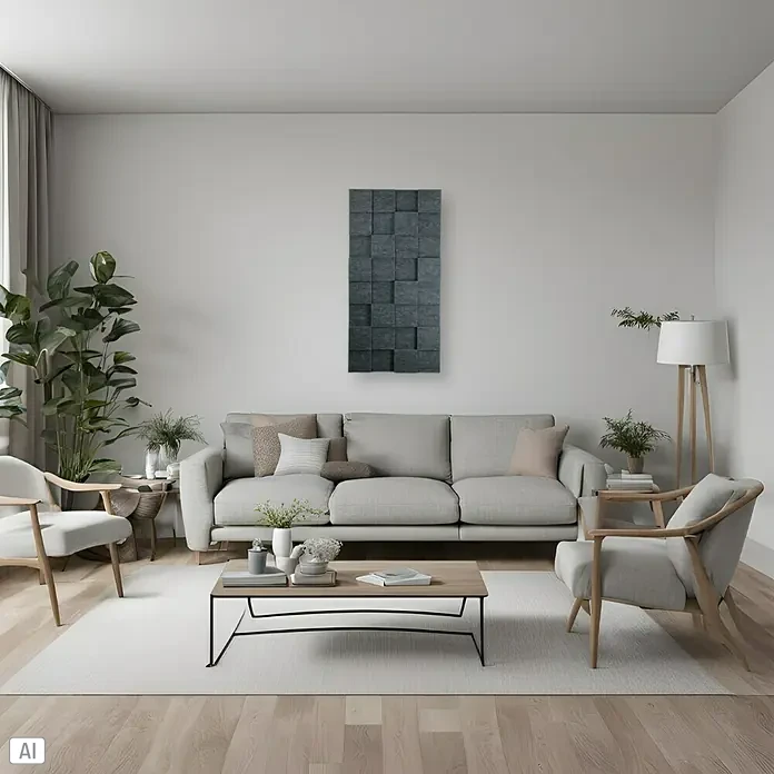 Silenti Akustikpaneel CubeLevel - Anthrazit, 116 cm x 58 cm x 80 mm, 100 % Polyester - Das Wohnzimmer zeigt ein graues Sofa mit grauem 3D Wandpaneel darüber, einen Couchtisch und zwei Stühle auf einem hellen Teppich.