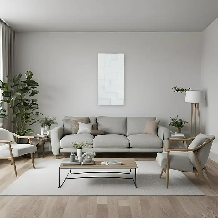 Silenti Akustikpaneel CubeLevel - Weiß, 116 cm x 58 cm x 80 mm, 100 % Polyester - Wohnzimmer mit grauer Couch, Teppich, Tisch und Kunstwerk. Die Einrichtung ist hell und freundlich, das Kunstwerk minimalistisch.