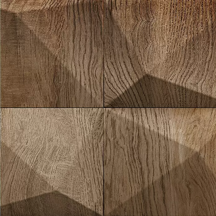 Marburg GZSZ Vliestapete Holzwand - Braun, 3D-Optik, 10,05 x 0,53 m - Vier quadratische braune Holzfliesen mit sichtbarer Maserung, die eine texturierte Oberfläche mit Schatten bilden.