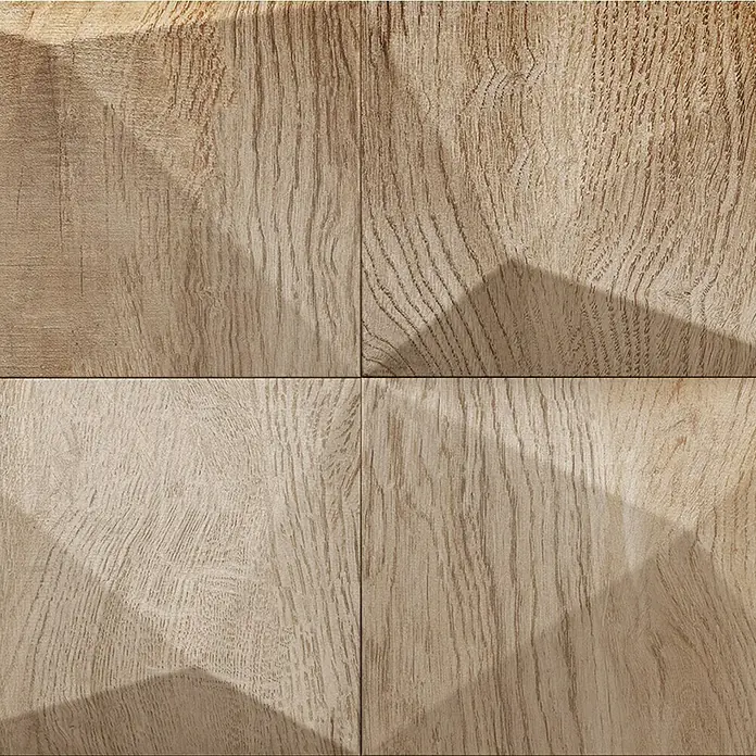Marburg GZSZ Vliestapete Holzwand - Beige/Braun, 3D-Optik, 10,05 x 0,53 m - Detailaufnahme von vier hellen Holzfliesen mit markanter Maserung und geometrischen Schatten, die die Textur hervorheben.