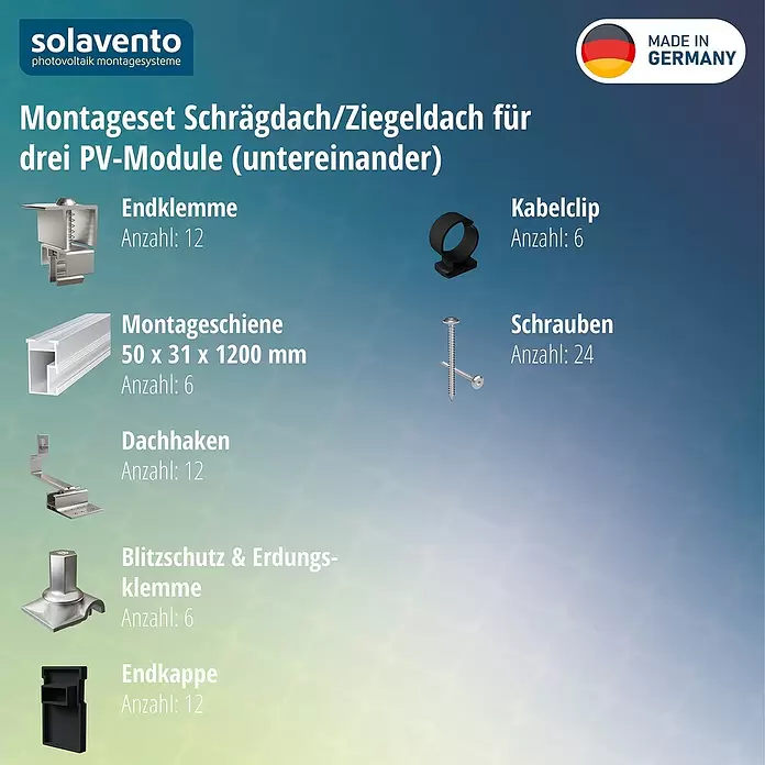 Solavento Befestigungs-Set Typ 2 - Passend für: 3 Solarmodule (1x3), Geeignet für: Schrägdach - Montageset für drei PV-Module auf Schräg- oder Ziegeldächern, bestehend aus Metallschienen, Klemmen, Dachhaken, Schrauben und Zubehör.