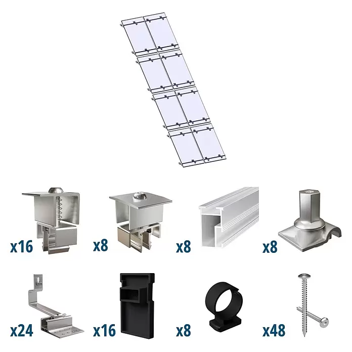 Solavento Befestigungs-Set Typ 2 - Passend für: 8 Solarmodule (2x4), Geeignet für: Schrägdach - Komplettes Solarpanel-Montageset mit 8 Modulen, Metallklemmen, Schienen, Dachhaken und schwarzen/silbernen Befestigungselementen.