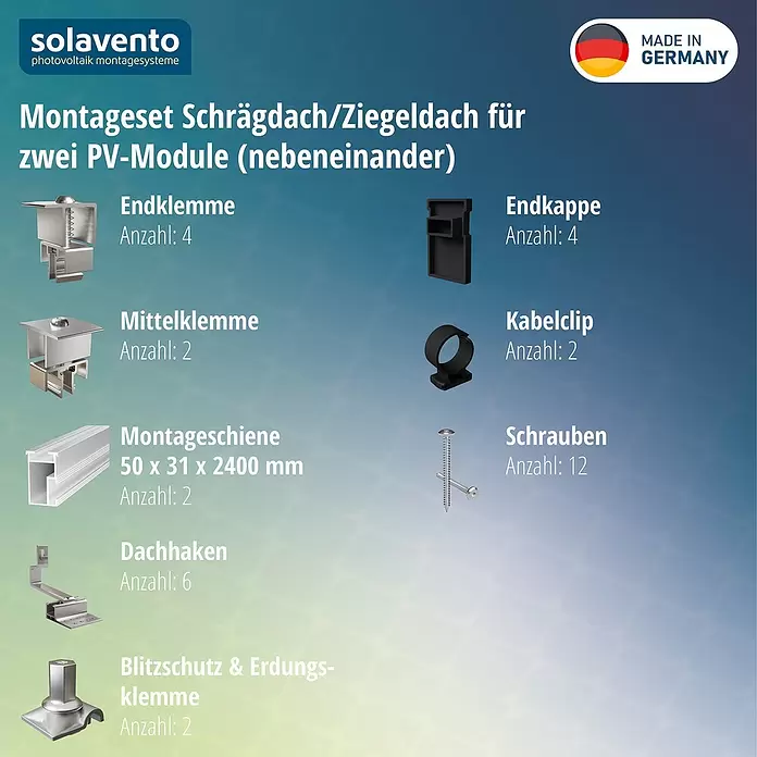 Solavento Befestigungs-Set Typ 2 - Passend für: 2 Solarmodule (2x1), Geeignet für: Schrägdach - PV-Montageset für Schrägdach mit End-, Mittel- und Erdungsklemmen, Montageschienen, Dachhaken, Schrauben, schwarzen Kabelclips und Endkappen.