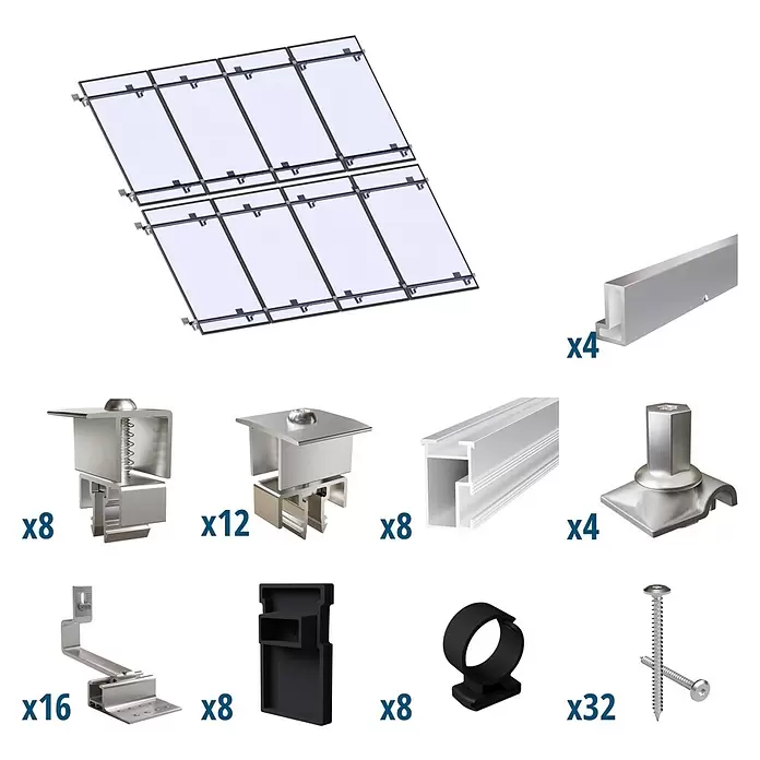 Solavento Befestigungs-Set Typ 2 - Passend für: 8 Solarmodule (4x2), Geeignet für: Schrägdach - Verschiedene silberne Aluminiumteile zur Solarmontage: Schienen, Klemmen, Dachhaken, Schrauben, schwarze Kabelclips und acht Solarmodule.
