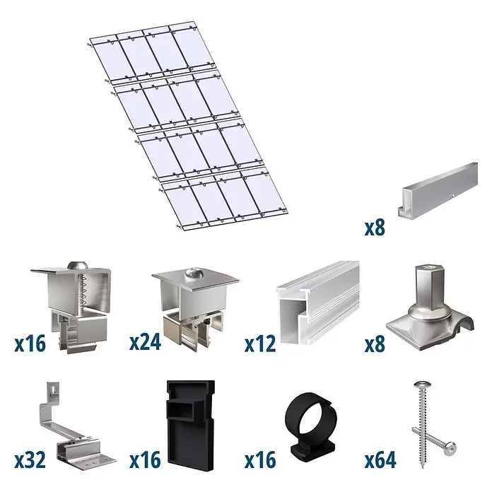 Solavento Befestigungs-Set Typ 2 - Passend für: 16 Solarmodule (4x4), Geeignet für: Schrägdach - Komponenten für Solarmontagesysteme: silberne Metallschienen, Klemmen, Haken, schwarzes Zubehör und Schrauben.