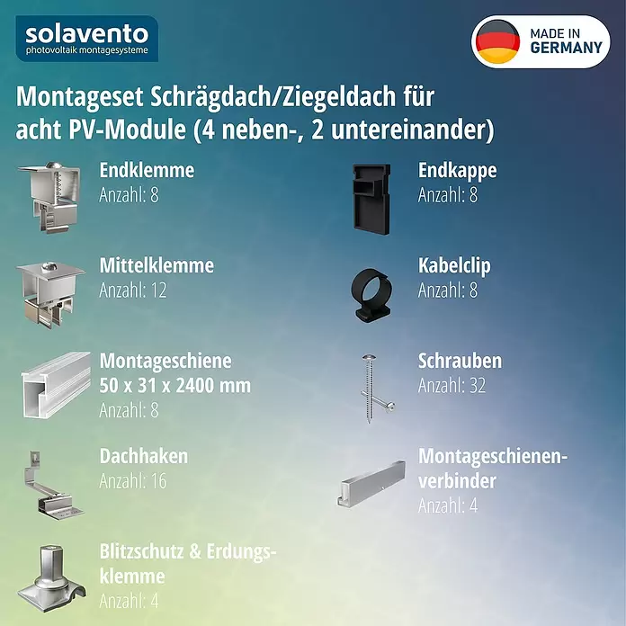 Solavento Befestigungs-Set Typ 2 - Passend für: 8 Solarmodule (4x2), Geeignet für: Schrägdach - Montagekit für 8 PV-Module auf Schrägdach/Ziegeldach, inklusive Schienen, Klemmen, Haken und Zubehör.