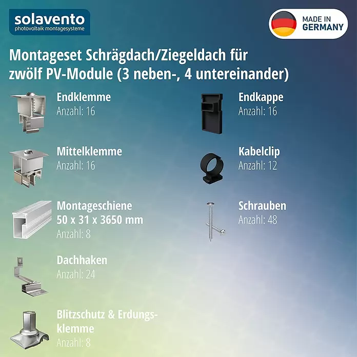 Solavento Befestigungs-Set Typ 2 - Passend für: 12 Solarmodule (3x4), Geeignet für: Schrägdach - Montageset aus silbernen Metall- und schwarzen Kunststoffteilen zur Befestigung von zwölf PV-Modulen auf Schräg- oder Ziegeldächern.