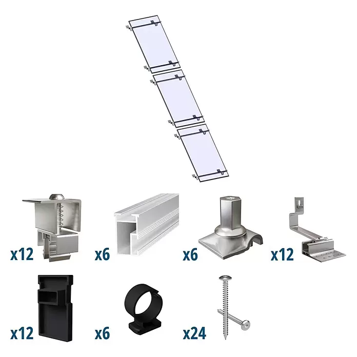 Solavento Befestigungs-Set Typ 2 - Passend für: 3 Solarmodule (1x3), Geeignet für: Schrägdach - Solarmontageset mit Aluminiumschienen, Klemmen, Dachhaken und schwarzem Kunststoffzubehör für die Installation.