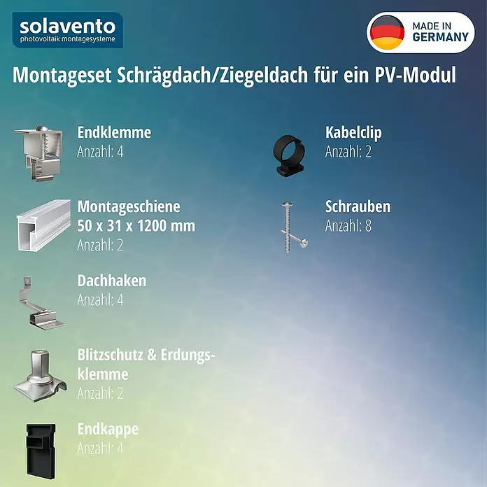 Solavento Befestigungs-Set Typ 2 - Passend für: 1 Solarmodul, Geeignet für: Schrägdach - Montageset für PV-Module auf Schräg-/Ziegeldächern, inkl. Metallklemmen, Schienen, Dachhaken, Schrauben, Kabelclips und Erdungskomponenten.