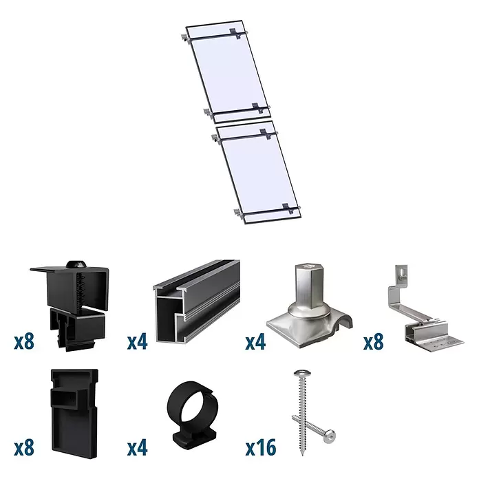 Solavento Befestigungs-Set Typ 1 - Passend für: 2 Solarmodule (1x2), Witterungsbeständig, Geeignet für: Schrägdach - Solarpanel-Montagekit mit verschiedenen silbernen und schwarzen Komponenten: Schienen, Klemmen, Haken und Schrauben.