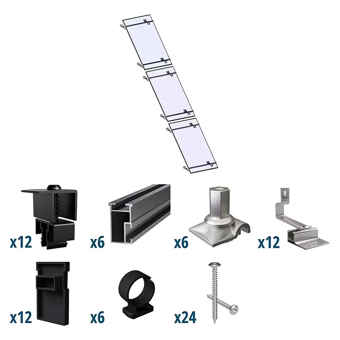 Solavento Befestigungs-Set Typ 1 - Passend für: 3 Solarmodule (1x3), Witterungsbeständig, Geeignet für: Schrägdach - Solarpanel-Montagekit mit Schienen, Klemmen, Dachhaken, Kabelmanagement und Schrauben.