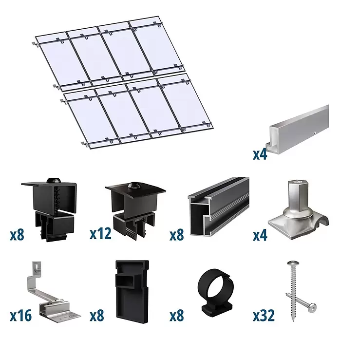 Solavento Befestigungs-Set Typ 1 - Passend für: 8 Solarmodule (4x2), Witterungsbeständig, Geeignet für: Schrägdach - Solarmodul-Montageset mit silbernen Schienen, Dachhaken, schwarzen Klemmen und Kabelclips, plus Schrauben.