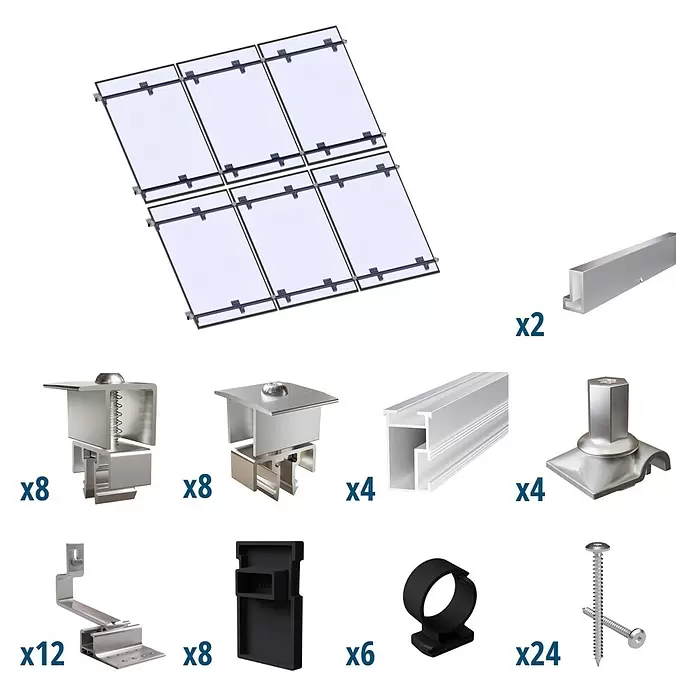 Solavento Befestigungs-Set Typ 2 - Passend für: 6 Solarmodule (3x2), Geeignet für: Schrägdach - Solarmontagesatz mit Modulen, silbernen Aluminiumschienen, Klemmen, Dachhaken und Schrauben, sowie schwarzen Kabelmanagement-Zubehör.