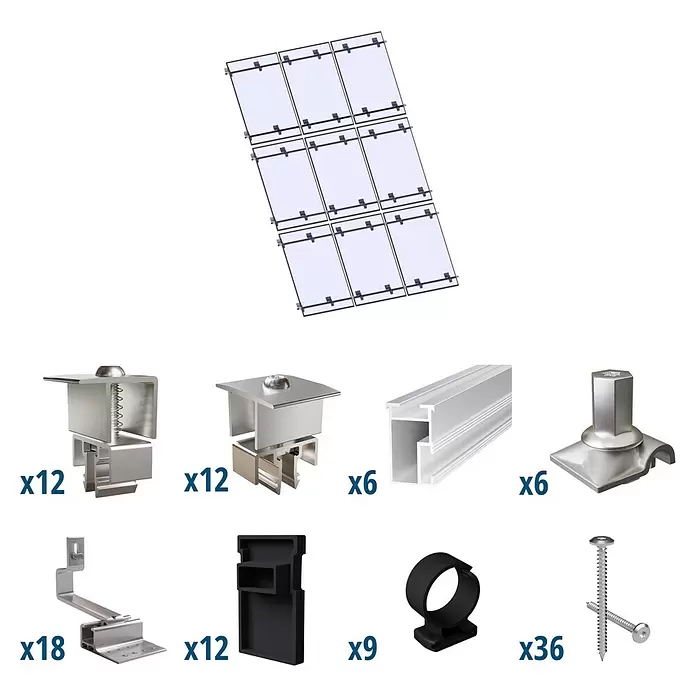 Solavento Befestigungs-Set Typ 2 - Passend für: 9 Solarmodule (3x3), Geeignet für: Schrägdach - Komponenten für Solarmontage: silberne Metallklemmen, Schienen, Haken, Füße, schwarzes Kabelmanagement und Schrauben.