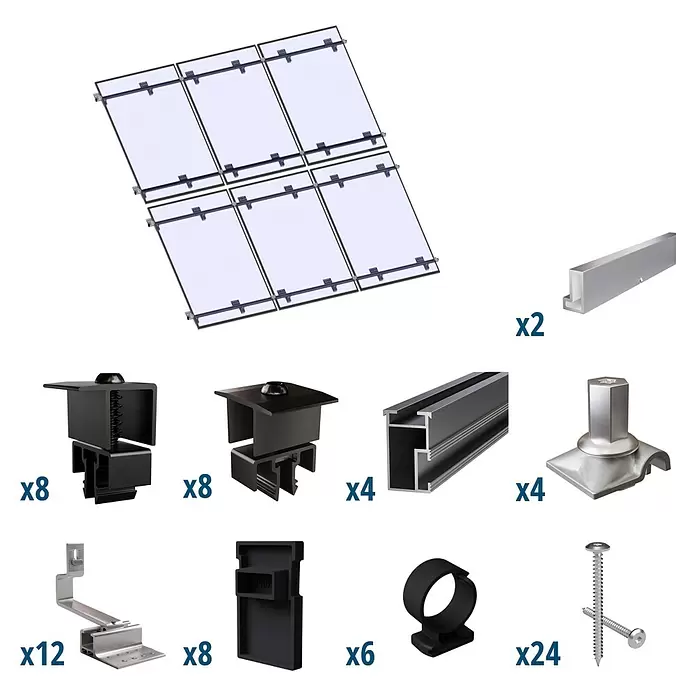 Solavento Befestigungs-Set Typ 1 - Passend für: 6 Solarmodule (3x2), Witterungsbeständig, Geeignet für: Schrägdach - Komponenten für ein Solarmodul-Montagesystem, bestehend aus Modulen, Schienen, Klemmen und Befestigungselementen.