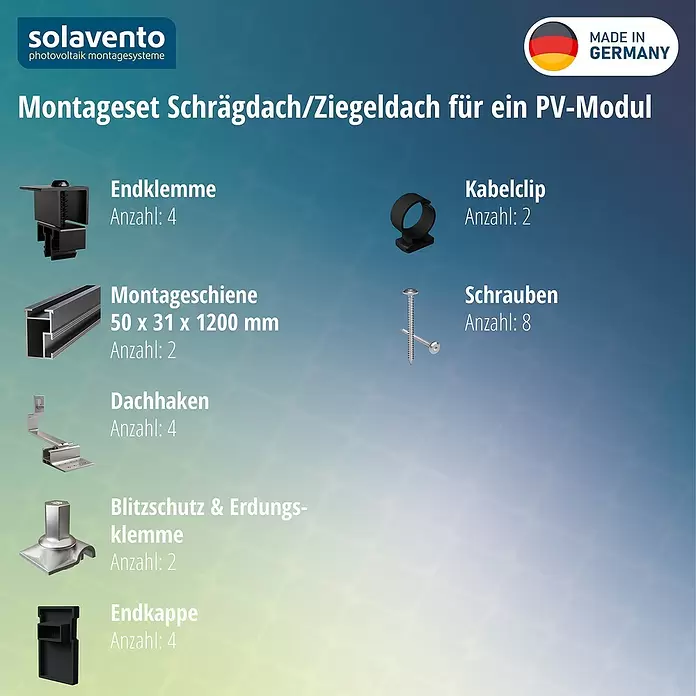 Solavento Befestigungs-Set Typ 1 - Passend für: 1 Solarmodul, Witterungsbeständig, Geeignet für: Schrägdach - Ein PV-Modul-Montageset mit Metallschienen, Klemmen, Dachhaken, Schrauben und schwarzen Endkappen und Kabelclips aus Kunststoff.