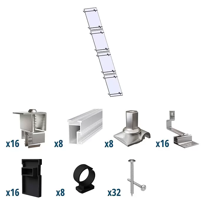 Solavento Befestigungs-Set Typ 2 - Passend für: 4 Solarmodule (1x4), Geeignet für: Schrägdach - Solarpanel-Montageset mit Aluminiumschienen, Dachhaken, Mittel-/Endklemmen, Kabelclips und Schrauben zur Installation.