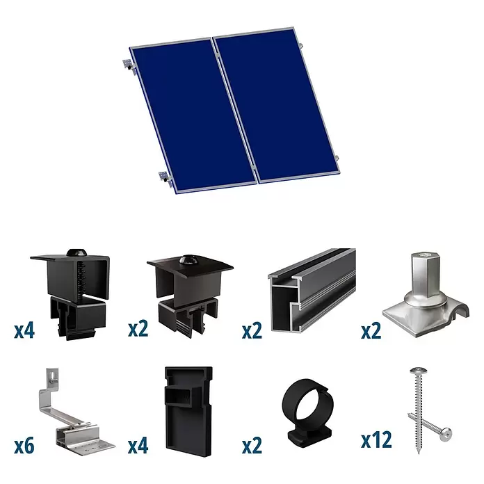 Solavento Befestigungs-Set Typ 1 - Passend für: 2 Solarmodule (2x1), Witterungsbeständig, Geeignet für: Schrägdach - Solarmontageset: 2 blaue Module, silberne Metallschienen/Haken/Schrauben, schwarze Kunststoffklemmen/Endkappen.