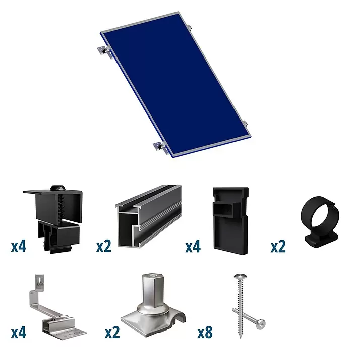 Solavento Befestigungs-Set Typ 1 - Passend für: 1 Solarmodul, Witterungsbeständig, Geeignet für: Schrägdach - Bausatz für Solarmontage: blaues Panel, silberne Schienen, Metallhaken, schwarze Klemmen und Schrauben.