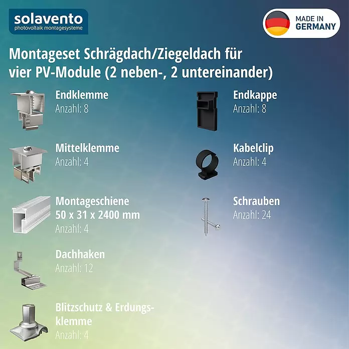 Solavento Befestigungs-Set Typ 2 - Passend für: 4 Solarmodule (2x2), Geeignet für: Schrägdach - Schrägdach-PV-Montageset mit Metallklemmen, Schienen, Haken, Schrauben und schwarzen Kunststoffteilen für vier Solarmodule.