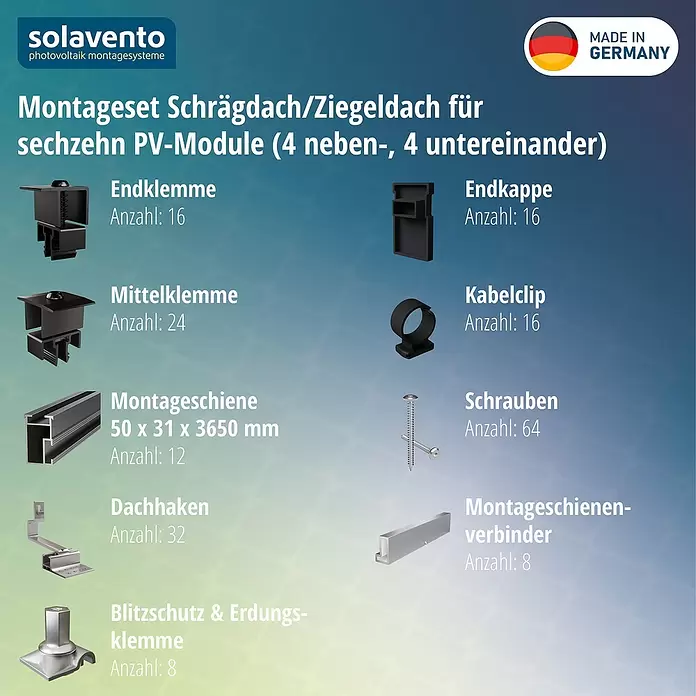 Solavento Befestigungs-Set Typ 1 - Passend für: 16 Solarmodule (4x4), Witterungsbeständig, Geeignet für: Schrägdach - Montageset für 16 PV-Module auf Schrägdach, listet Klemmen, Schienen, Haken, Schrauben und Verbinder mit Mengen. Made in Germany.