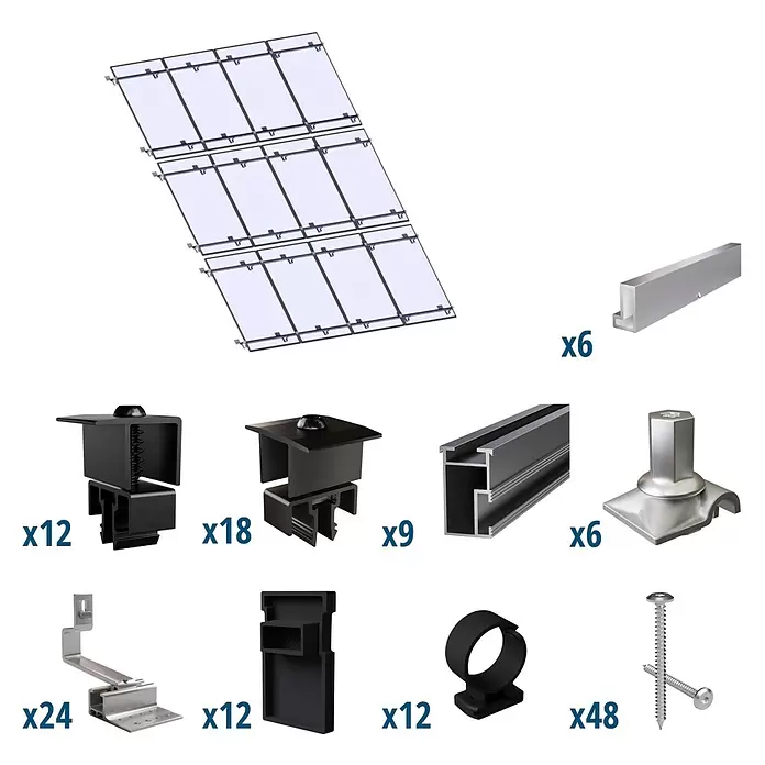 Solavento Befestigungs-Set Typ 1 - Passend für: 12 Solarmodule (4x3), Witterungsbeständig, Geeignet für: Schrägdach - Solarmontagesatz: silberne Aluminiumschienen, schwarze Klemmen, Halterungen und Schrauben für die Dachinstallation.