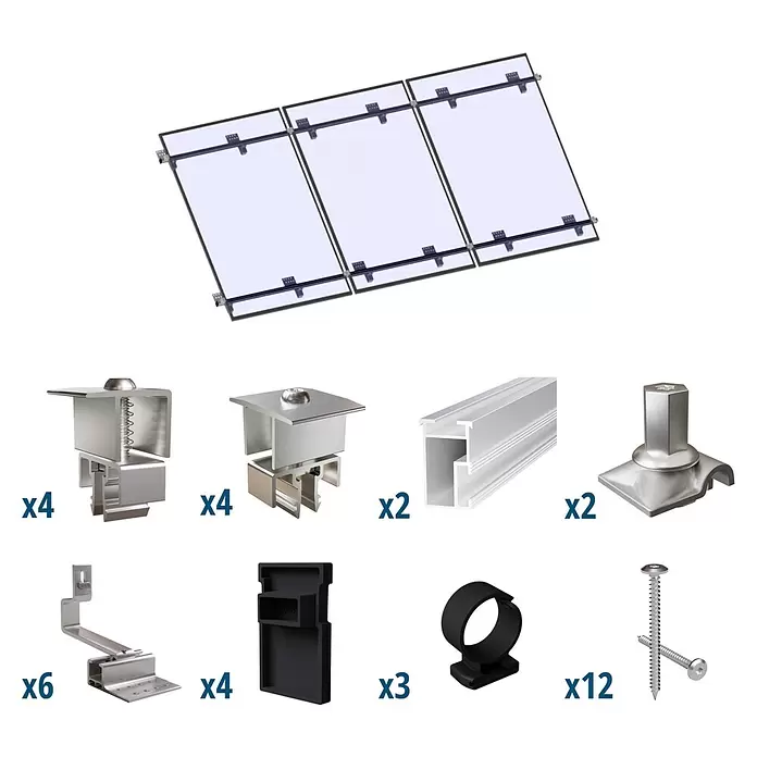 Solavento Befestigungs-Set Typ 2 - Passend für: 3 Solarmodule (3x1), Geeignet für: Schrägdach - Solarmodule mit diversen Metall- und Kunststoff-Montageteilen: Klemmen, Schienen, Haken und Schrauben.
