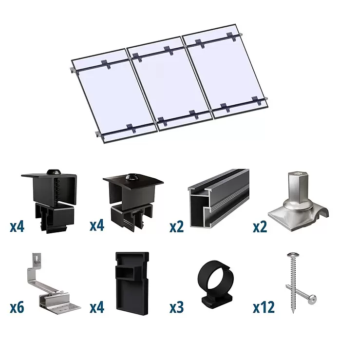 Solavento Befestigungs-Set Typ 1 - Passend für: 3 Solarmodule (3x1), Witterungsbeständig, Geeignet für: Schrägdach - Solarpanel-Montagesatz mit drei Modulen, verschiedenen Klemmen, Schienen, Dachhaken, Kabelclips und Schrauben.