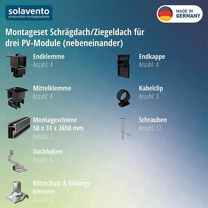 Solavento Befestigungs-Set Typ 1 - Passend für: 3 Solarmodule (3x1), Witterungsbeständig, Geeignet für: Schrägdach - Photovoltaik-Montageset für Schräg-/Ziegeldächer, inkl. Metallschiene, Dachhaken, Klemmen, Schrauben und Kunststoffzubehör.
