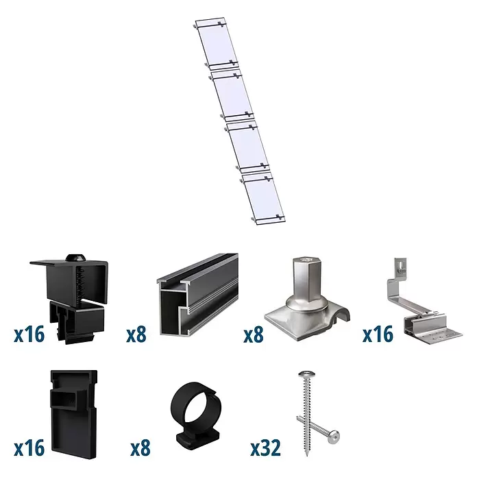 Solavento Befestigungs-Set Typ 1 - Passend für: 4 Solarmodule (1x4), Witterungsbeständig, Geeignet für: Schrägdach - Bausatz zur Solarmontage: Solarmodule, Aluminiumschienen, Dachhaken, verschiedene Klemmen und Schrauben.