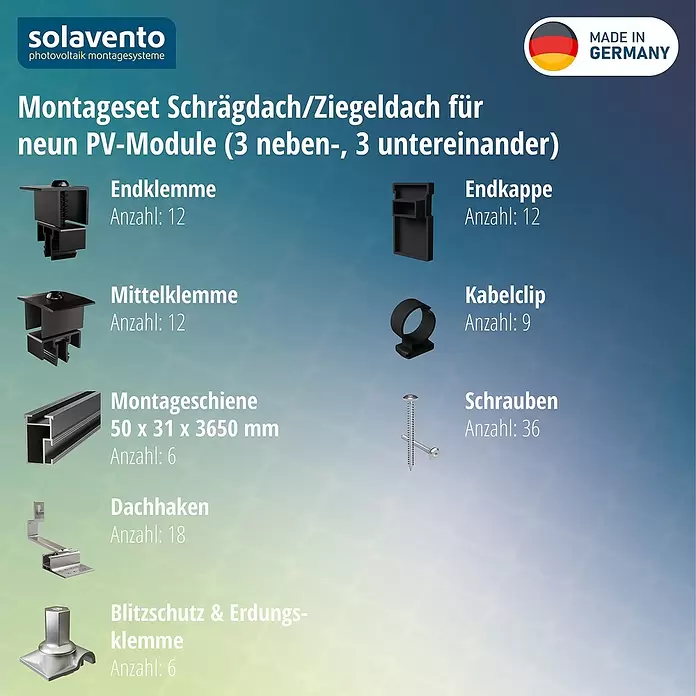 Solavento Befestigungs-Set Typ 1 - Passend für: 9 Solarmodule (3x3), Witterungsbeständig, Geeignet für: Schrägdach - Dunkelgraue und silberne Komponenten für ein PV-Montageset: Klemmen, Schienen, Haken, Clips, Schrauben und eine Erdungsklemme.