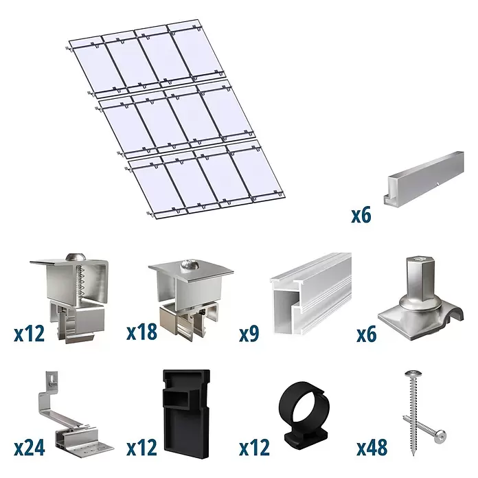 Solavento Befestigungs-Set Typ 2 - Passend für: 12 Solarmodule (4x3), Geeignet für: Schrägdach - Solarpanel-Montageset mit 9 Modulen, Schienen, Klemmen, Dachhaken, Kabelklemmen und Schrauben.
